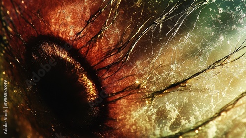High-grain macro abstract photograph with deep red, brown and muted green tones, dark curved circular highlight element on left, gradual bright color transition on right, dense white flecks