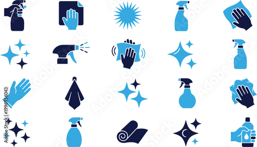 Collection of cleaning icons showing spray bottles cloths and sparkles for sanitizing and hygiene.