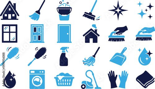 Set of cleaning icons representing house chores and hygiene tools for a clean environment.