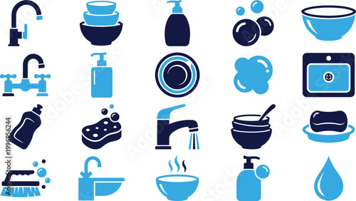 Bathroom and kitchen sink icons featuring faucets soap dispensers sponges and cleaning supplies.