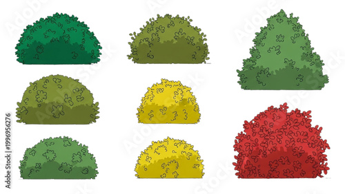 2D AutoCAD illustrations of various colorful trees in different shapes