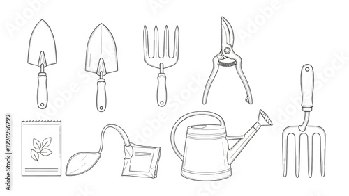 Gardening tools like 2D AutoCAD designs on paper with pruners, fork, watering can