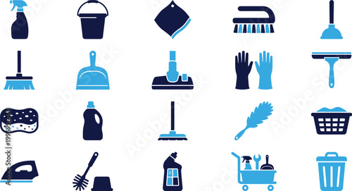 Collection of household cleaning tools and supplies for home hygiene and sanitation tasks.
