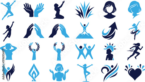 Set of human figures and abstract symbols representing success celebration and achievement isolated on white.