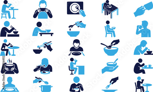 People eating food at tables with utensils, depicting dining habits and mealtime activities.