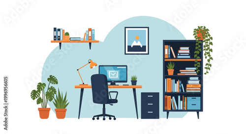 Home office, workspace, desk setup, illustration, vector, office decor, furniture