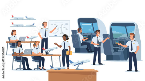 Diverse Aviation Workers Training and Flight Simulation Scene Vector Illustration