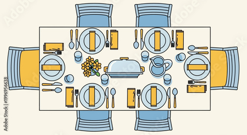 Dining table setting, formal tableware, blue and yellow, vector illustration, restaurant setup