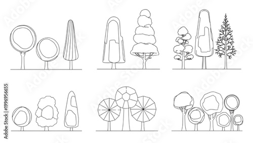 2D AutoCAD designs showcase various tree shapes in illustrations