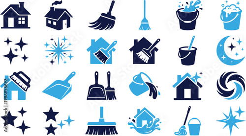 Home cleaning icons set with houses brushes brooms buckets and sparkling elements.