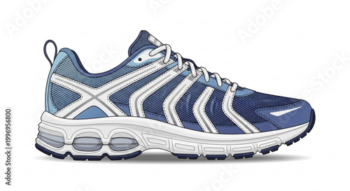 A blue and white athletic shoe with a thick sole and laces on a plain background