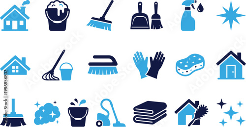 Home cleaning and maintenance icon collection with various tools and services.