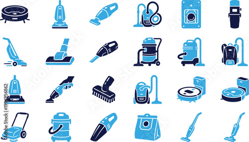 Variety of vacuum cleaner types and cleaning equipment icons vector collection.