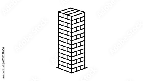 Minimalist Jenga Tower Vector Icon with Editable Stroke. A clean black line illustration of a tall wooden block stacking game on a white background, ideal for concepts of strategy and balance.