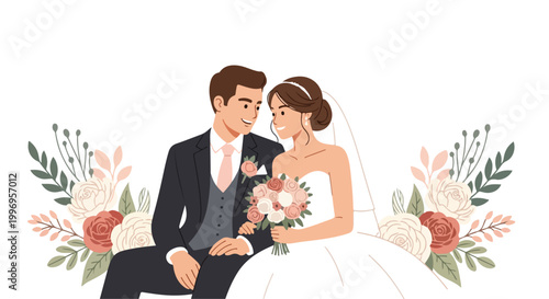 Happy Bride and Groom Couple with Floral Arrangement Vector Illustration