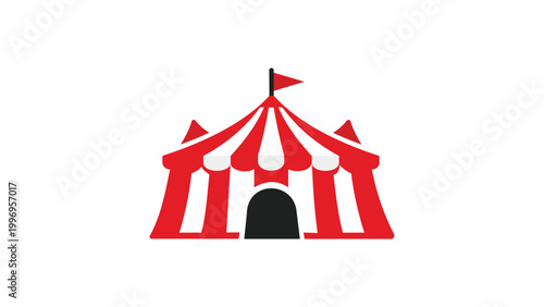 Modern flat vector icon illustration of a classic red and white striped circus tent big top with a flag on top, isolated on a white background for carnival, amusement park, and festival design.