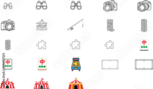 23 Hand-Drawn Vector Icon Set Bundle: Minimalist Black Line Icons of Binoculars, Camera, Fishing Rod, Jenga, Puzzle, Carousel, Mahjong, Pinball, Pool Table, Circus Tent with Editable Stroke