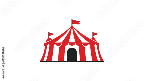 Red and white striped circus tent vector icon illustration. A modern flat design of a big top carnival tent with flags on a white background, perfect for entertainment and fun event themes.