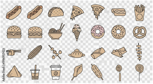 Collection of various delicious fast food items and snacks isolated.