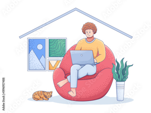 A person sits comfortably on a red bean bag chair at home and working remotely on his laptop.This depicts a freelance illustrator, programmer, writer working remotely.