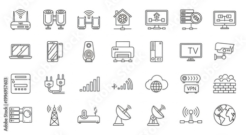 Collection of various technological devices and network connection icons.