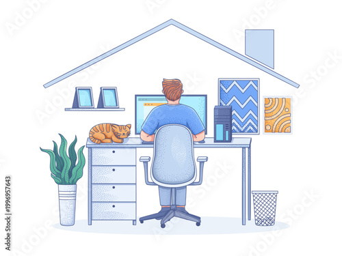 A male freelancer is working from home on a desktop computer in his home office, in a cozy atmosphere, with his pet cat sleeping beside him while he works.