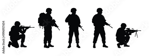 Bild auf Leinwand Silhouette Soldiers, Military Figures, Combatants with Rifles, Tactical Poses, V