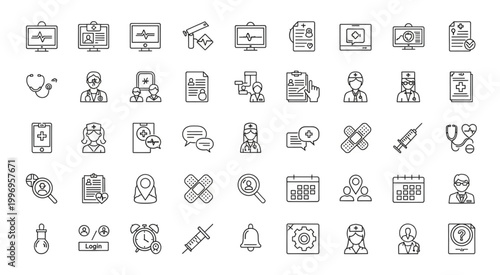 Collection of medical and healthcare icons representing various medical concepts and equipment.