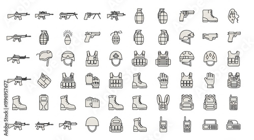 Collection of military equipment and weapons, perfect for design and illustration.
