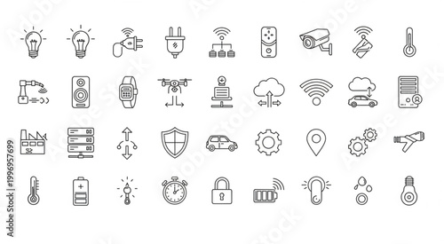 Collection of various internet of things icons in a line art style.