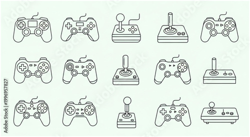 Collection of various game controllers, perfect for gaming and entertainment, line art.