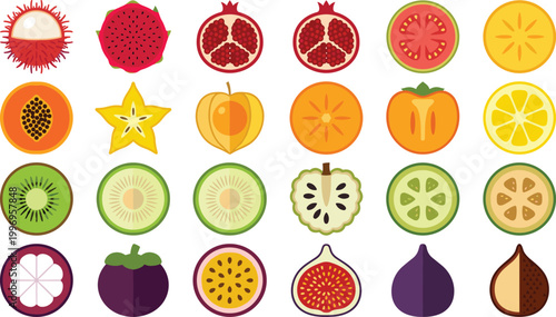 Colorful Tropical and Exotic Fruit Slices Vector Set Featuring Dragon Fruit, Pomegranate, Kiwi, Citrus, Fig, Mangosteen, Papaya and Other Fresh Healthy Icons