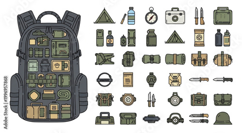 Detailed illustration of a tactical backpack filled with survival gear and equipment.