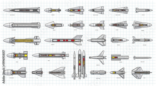 Collection of various missile designs and rocket schematics for military and aerospace applications.