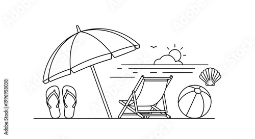 Beach scene with umbrella and chair.