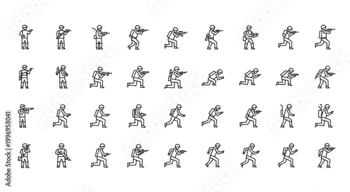 Soldier figures in various poses, representing action and movement in a military context.