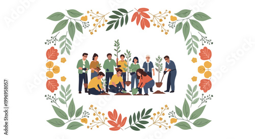 Group of Diverse People Planting Trees Vector Illustration