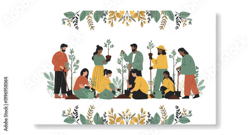 Diverse Group of People Planting Trees Vector Illustration with Floral Border