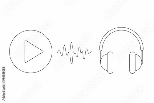 Line art illustration of headphones play button and sound waves
