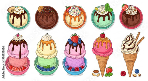 A colorful vector illustration of various desserts including cakes and ice cream cones with toppings and sauces