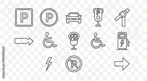 Collection of parking and accessibility symbols for various public services.