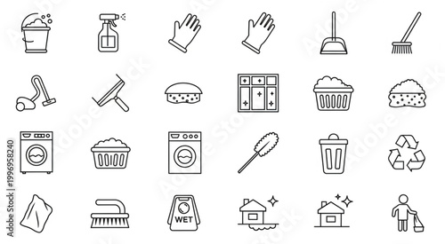 Cleaning supplies and tools icons set for household chores and maintenance.