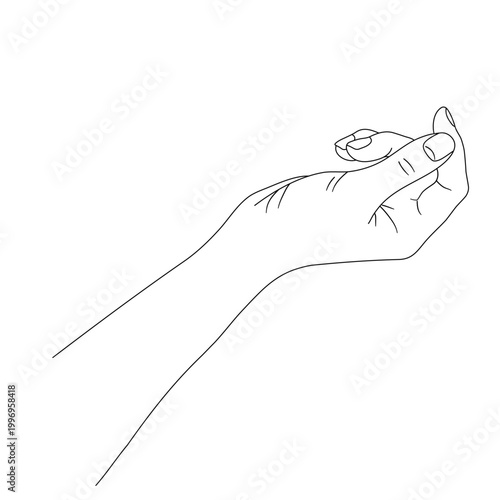 Hand holding small object pill coin line art vector illustration
