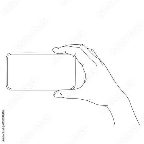 Hand holding blank smartphone horizontally line art vector
