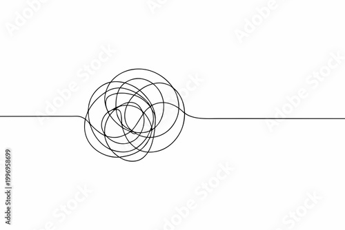 Abstract one line drawing of a chaotic swirling knot on white background