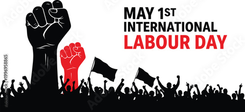 raised fists and crowd silhouette for may 1st international labour day