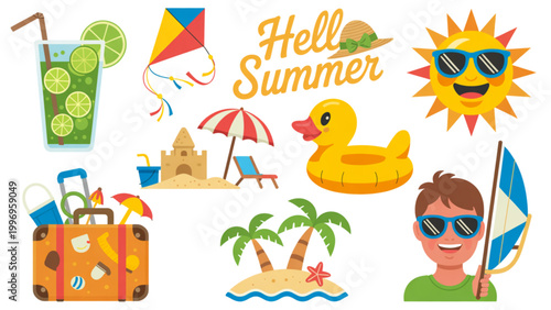 Colorful summer vacation flat icons set with beach and travel items Vector