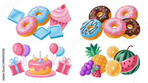 Colorful cartoon cupcakes and desserts with tropical fruits and ice cream Vector