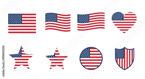 Set of American Flag Icons in Various Shapes and Styles, Including Stars, Stripes, and Shield Designs
