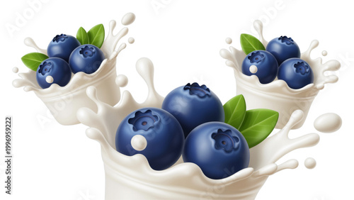 Fresh blueberries in a white paper basket with green leaves Vector